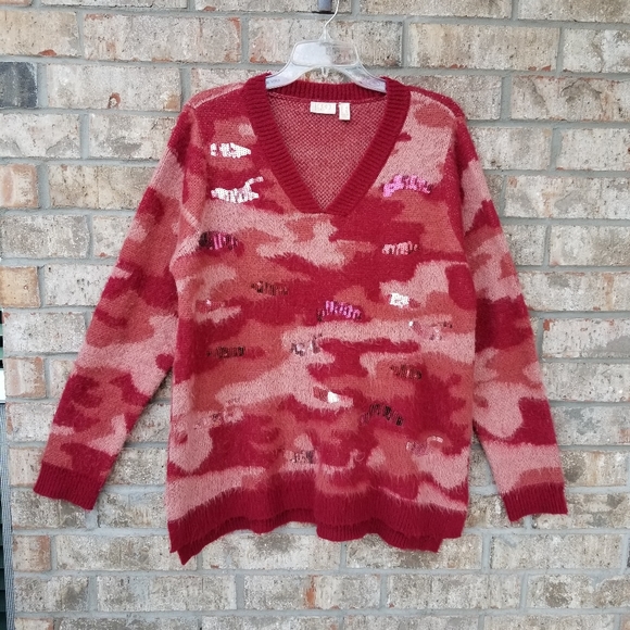 Lori Goldstein Logo Lounge Pink Brushed Camo Sequin V Neck Sweater (Wmns L) Soft - Picture 2 of 8